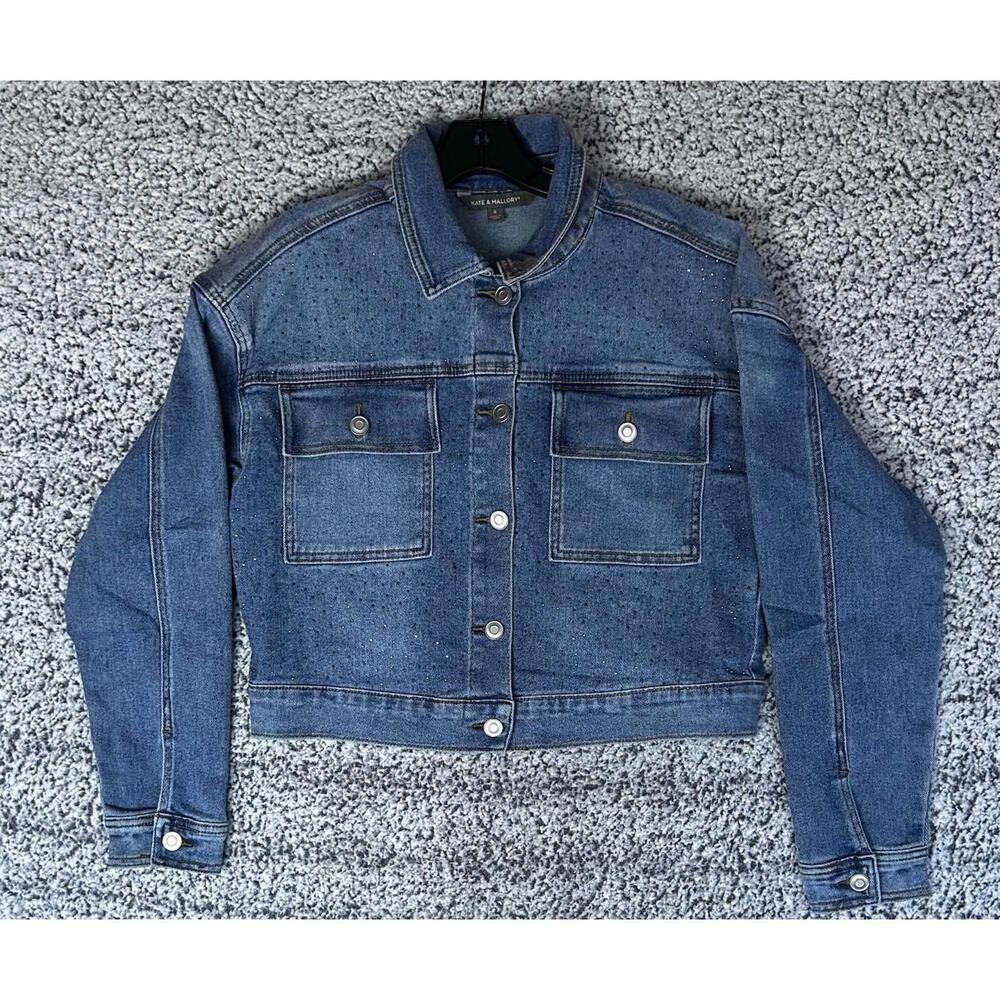 Kate & Mallory Denim Jacket Womens Small Blue Rhinestone Studded NWOT